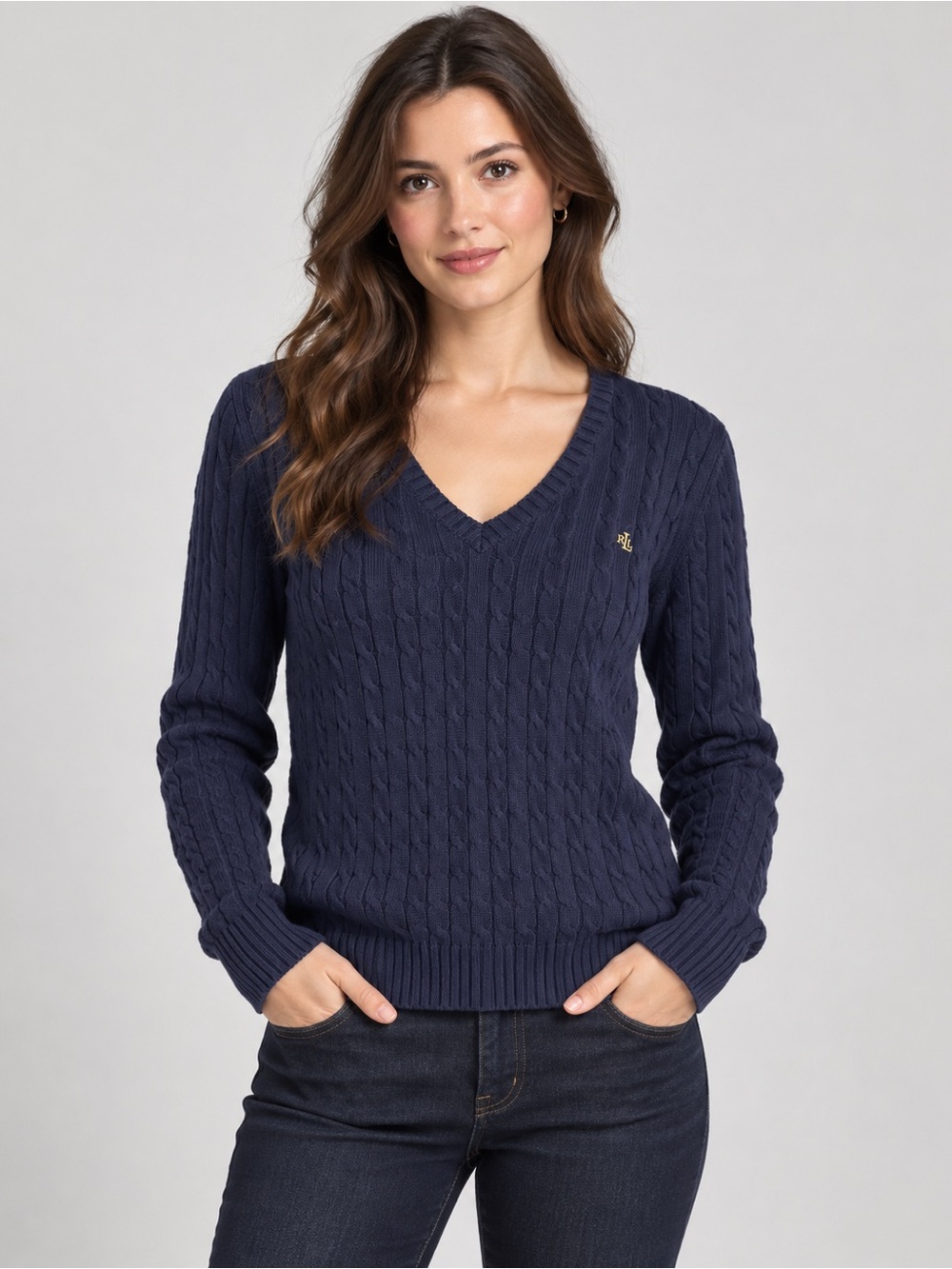 Lauren Ralph Lauren Women’s Cable Knit V-Neck Sweater Navy Blue L 100% Cotton